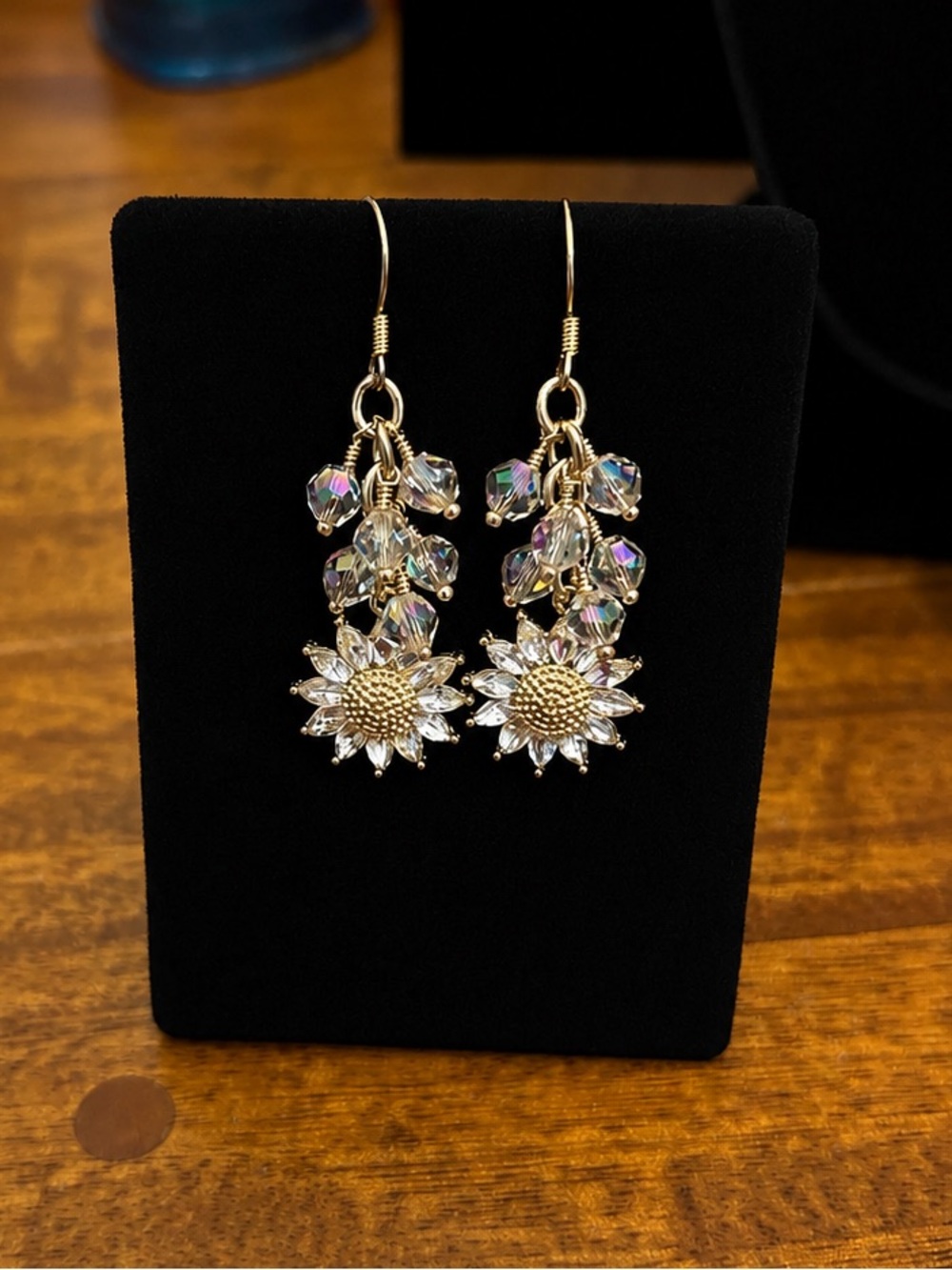 Hand Crafted Gold Sunflower Cha Cha Earrings - Picture 3 of 3